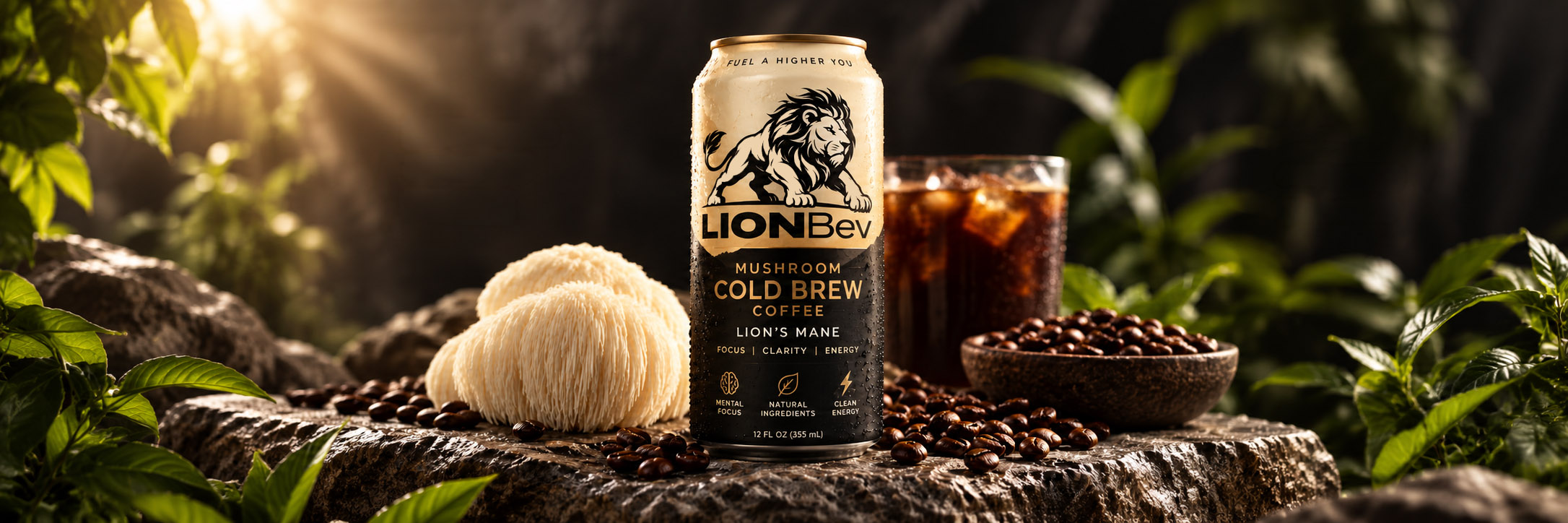 LIONBev Mushroom Cold Brew Coffee with Lion's Mane mushrooms and coffee